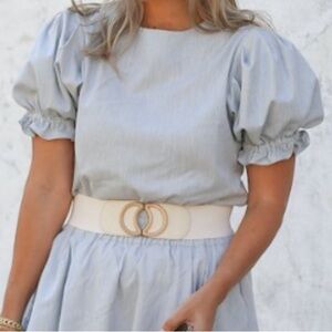 BURU x Megan Stokes Blue & White Striped Puff Sleeve Top - Size M
